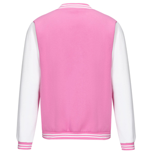 Pink <b>White</b> Varsity <b>Jacket</b> Regular Fit Turn-down Collar Solid Color Polyester Cotton Shell Preppy Style Autumn Wear Varsity Jacke - Product Image 3