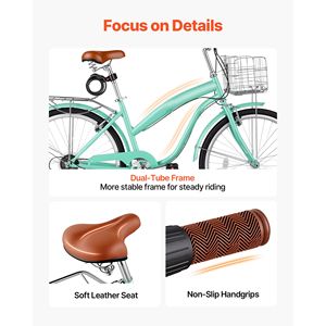 Vélo de plage pour femmes de 26 pouces, 7 vitesses, vélo de ville pour adultes avec cadre en acier au carbone, capacité de 330 lb, panier et porte-bagages arrière - Product Image 6