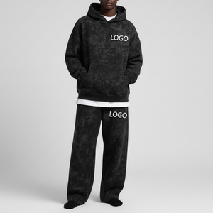 Men's Black Color Blocking Streetwear Hoodie Jogger <b>Set</b> 100% Cotton French Terry Oversized Casual Winter Wear Heat-Transfer Logo - Product Image 5