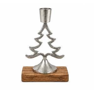 Support de bougie moderne en métal argenté pour sapin de Noël avec base en bois de manguier, bougeoir de table festif en gros - Product Image 1