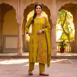 Conjunto de Kurti, Pantalón y Dupatta de Algodón Amarillo Mostaza para Mujer, Corte Recto, con Pliegues, Manga Tres Cuartos, Bordado, Ropa Tradicional - Product Image 4