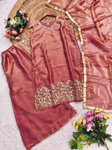 <b>Rust</b> orange fandy satin silk plazzo suit with multi thread sequence embroidery v neck <b>top</b> pant dupatta lace border party wear - Product Image 4