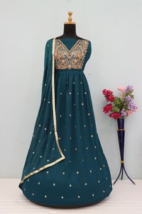 <b>Women's</b> <b>Teal</b> Embroidered Silk Anarkali <b>Suit</b> With Dupatta Floor-Length Traditional Indian Pakistani Outfit Loose Fit - Product Image 3