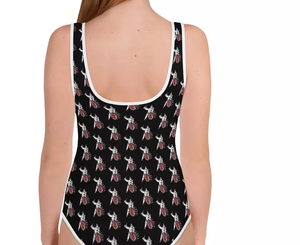 Women One Piece Swimsuit Black Digital Print Scoop Neck Contrast Binding Spandex Polyester Stretch Swimwear - Product Image 1
