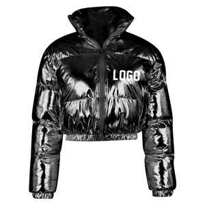 Women's Glossy <b>Cropped</b> <b>Puffer</b> <b>Jacket</b> Shiny Patent Bubble Coat Winter Warm Zip Up Short Padded Fashion Streetwear Outerwear Gray - Product Image 6