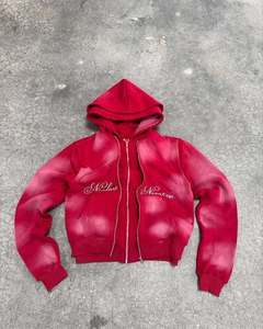 Custom Acid Wash Cropped Zip Up Hoodie with Script Embroidery Oversized Fit Heavyweight Fleece Streetwear Hoodies Manufacturer - Product Image 3