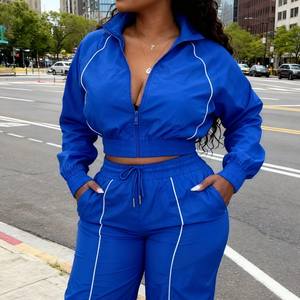 ชุดเซ็ทลำลองสไตล์สปอร์ต ไซส์พลัส 2 ชิ้น เสื้อแจ็คเก็ตครอปแขนยาวแบบซิป กางเกงรัดรูป สไตล์ญี่ปุ่นสุดฮิต - Product Image 1