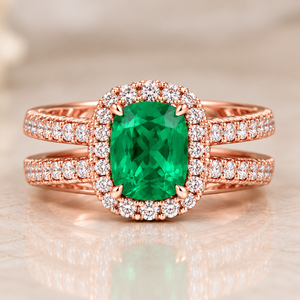 Lab Green Gemstone Halo <b>Split</b> Shank Rhodium Engagement <b>Ring</b> Luxury 14K Yellow Gold Lab Grown Diamond Pave OEM Custom Jewelry - Product Image 1