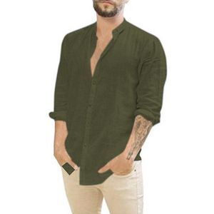 Chemise décontractée à manches longues pour homme, col en V, couleur unie, tissu popeline respirant, vêtements d'été, chemises en coton à manches longues - Product Image 5