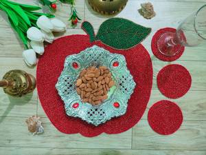 Handmade Beaded Apple Placemat With Coasters Red Fabric Novelty <b>Table</b> <b>Mat</b> Custom Shape Decorative Set - Product Image 2