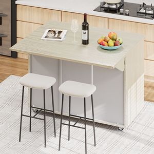 Carrello da Cucina in Legno Massello da 130 cm con Isola, Impiallacciatura in Frassino, Piano Ribaltabile Intrecciato a Mano, Stile Costiero, Vano Portaoggetti Interno e Ruote - Product Image 4