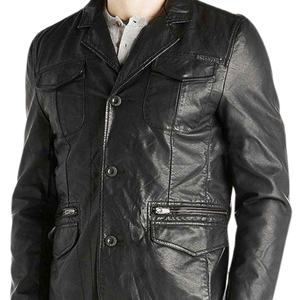 Veste en cuir PU noir pour homme, à simple boutonnage, col rabattu, coupe-vent avec poches - Product Image 5