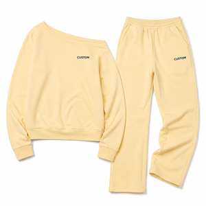 Women Yellow <b>Off</b> <b>Shoulder</b> <b>Sweatshirt</b> Tracksuit Set Wide Leg Lounge Trousers Soft Casual Co Ord Outfit Custom Label Co Ord Outfit - Product Image 3