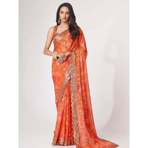 Gorgeous <b>Orange</b> Floral Print Organza Wedding Wear <b>Saree</b> with Blouse Zeel Clothing Unstitched - Product Image 2