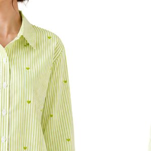Camisa de Mujer a Rayas Verde Lima y Blanco, Blusa de Algodón de Manga Larga con Botones, Bordado de Corazón, Corte Holgado, Estilo Casual, Talla Grande - Product Image 4