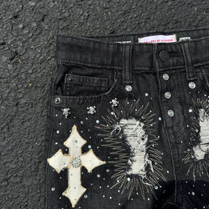 <b>Men</b> Gothic Ripped Denim <b>Shorts</b> With Cross <b>Patches</b> And Rhinestones Mid Waist Button Fly Streetwear Style - Product Image 5