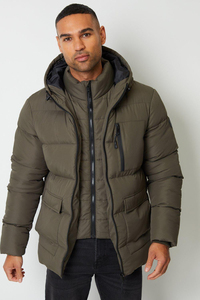 New Design Custom Logo Male Detachable Hood Puffer Men'<b>s</b> <b>Jackets</b> Stand Up Collar Button Up Hooded Quilted Gripped Puffer <b>Jacket</b> - Product Image 5