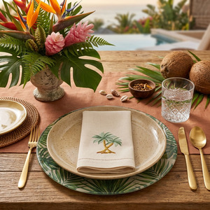 Serviette de table carrée en lin 100% brodée sur mesure avec motif palmier, ourlet festonné, lavable en machine, durable, pour la maison et l'hôtellerie - Product Image 3