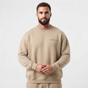 Sweat-shirt à col rond pour homme, surdimensionné, avec épaules tombantes, en molleton de coton, pull décontracté, ample, tendance, couleur beige, sweat-shirt pour homme - Product Image 3