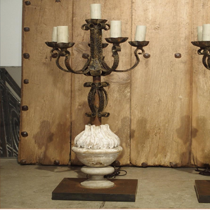 Elegant minimalist gold iron scrollwork dual candle stand holding two clear glass tealight cups. Available at wholesale price. - Product Image 5