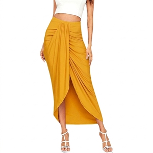 Jupe longue crayon unie jaune moutarde taille haute froncée en tissu tissé, style bureau pour femme, avec ourlet asymétrique et longueur cheville - Product Image 1