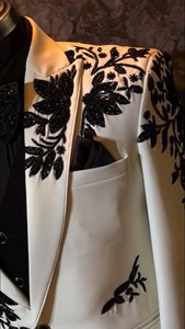 <b>Men</b>’s Ivory <b>White</b> Embroidered Blazer with Black Floral Design Wedding Party Tuxedo <b>Jacket</b> with Bow Tie - Product Image 3