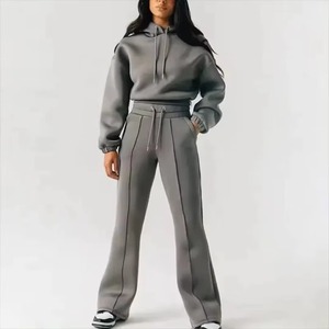 Ensemble de survêtement gris à capuche pour femme, coupe ample, décontracté, pour l'automne, avec poches latérales et cordon de serrage - Product Image 1
