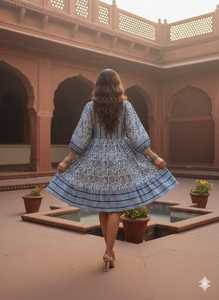 เดรสสั้นพิมพ์ลายบล็อกสีครามสุดเก๋ สไตล์โบฮีเมียน ผ้าฝ้ายทรงมิดิ แขนพอง ซักได้ - Product Image 4