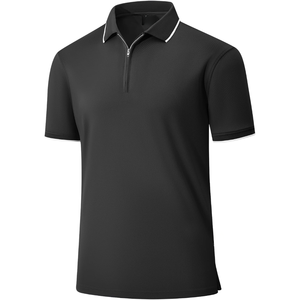 Polo de manga corta para hombre, negro, con cremallera de un cuarto, cuello con ribete, dobladillo con abertura, transpirable, para negocios, golf y uso casual - Product Image 1