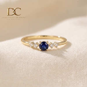 Handcrafted 14KT Solid Gold <b>Ring</b> With Lab Grown Diamond and Royal <b>Blue</b> Sapphire New Elegant Design Women's Wedding Jewelry - Product Image 4