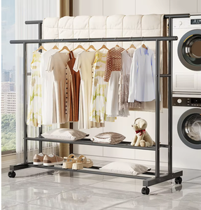 OEM/ODM Vietnam Double Rod Metal Coat Rack with Lockable Wheels <b>Shoe</b> Storage Shelf Garment Organizer Stand - Product Image 1