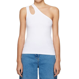 Top de punto asimétrico blanco con un hombro descubierto para mujer, estilo transpirable de longitud regular con patrón liso - Product Image 1