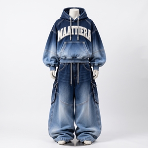 <b>Womens</b> Blue Ombre Washed Denim <b>Cargo</b> Tracksuit Oversized Hoodie <b>Baggy</b> Wide Leg <b>Pants</b> Streetwear Custom OEM ODM Wholesale Supplie - Product Image 2