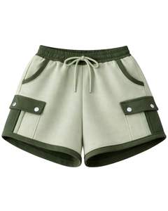 Conjunto de dos piezas casual para mujer: Sudadera corta con cremallera y bloques de color verde oliva, y pantalones cortos con bolsillos cargo. Poliéster y algodón. Venta al por mayor personalizada. - Product Image 5