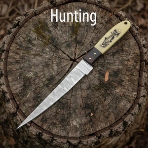 A&M EnterPrises Handmade Damascus Steel Fillet <b>Knife</b> with <b>Bone</b> <b>Handle</b> Fish Engraving and Matching Leather Sheath Hunting <b>Knives</b> - Product Image 3