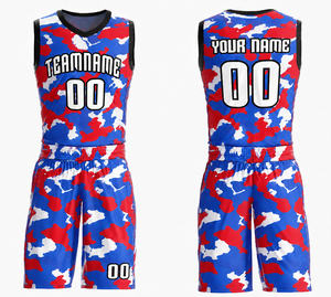 Ensemble de maillot de basket-ball camouflage rouge bleu blanc personnalisé, sublimé, séchage rapide, unisexe, adulte, débardeur sans manches à col en V, short - Product Image 1