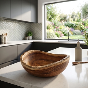 Bol à salade en bois de teck massif de qualité alimentaire, bord naturel, fait main, décor balinais haut de gamme, ustensile de cuisine antiadhésif résistant à la chaleur - Product Image 4