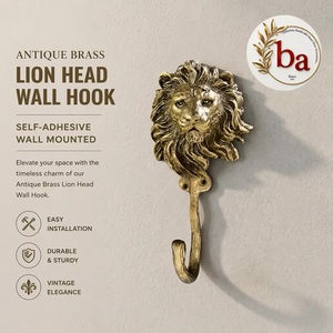 Gancho de pared con cabeza de león de latón antiguo estilo vintage, ecológico, duradero, autoadhesivo, para colgar un solo abrigo - Product Image 1