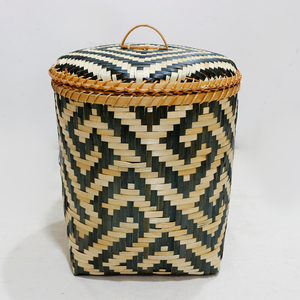 Panier de rangement rond traditionnel en bambou tressé à la main, imperméable, avec couvercle, pour la lessive et l'organisation de la garde-robe et de la salle de bain - Product Image 4