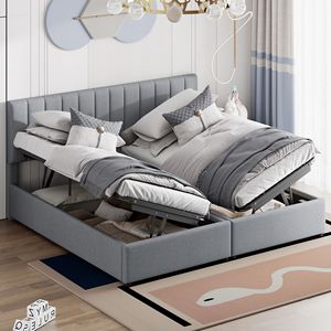 Letto matrimoniale imbottito grigio con sistema di stoccaggio idraulico - Product Image 2