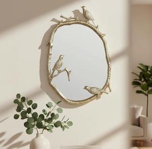 Miroir mural ovale en laiton avec motif d'oiseau et de branche, bordure décorative bohème pour salon et chambre à coucher - Product Image 4