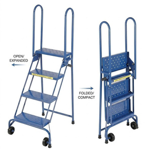 Warehouse 4 Step Rolling Ladder <b>Folding</b> Portable Steel <b>Stool</b> with Safety Lock Wheels & Rails Vietnam Manufacturer Quality - Product Image 1