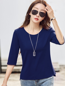 Camiseta de Verano para Mujer, Cuello Redondo, Estilo Coreano, 100% Algodón Jersey, Manga Corta, Color Sólido, Transpirable, Secado Rápido, Ecológica - Product Image 6