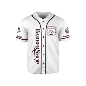 Camiseta de Trabajo Estilo Jersey de Béisbol para Barbería con Logotipo Personalizado, Blanca, de Algodón Transpirable, con Bolsillo y Diseño de Tijeras - Product Image 1
