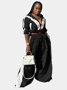 Ensemble de survêtement 2 pièces pour femme : veste courte zippée et pantalon large, léger, color block, style rétro sportif streetwear - Product Image 1