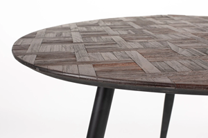 Mesa de Comedor de Madera de Teca con Patrón Geométrico Industrial, Acabado Marrón, Forma Irregular, Patas Redondas de Metal con Acabado Negro Mate para el Hogar y la Cocina - Product Image 2