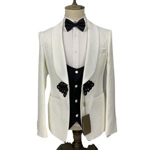 Traje de esmoquin de tres piezas para hombre, color blanco cálido, con solapa tipo chal, para fiesta formal, celebración, boda, trajes de novio - Product Image 1