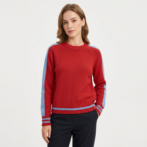 Pull à col rond pour femme, couleur rouge, à blocs de couleur, manches longues, tricoté, décontracté, pour l'automne, 100% acrylique, 280g, personnalisable, marque - Product Image 1