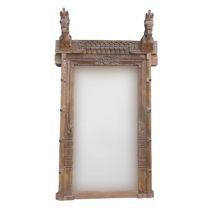 Cadre de miroir mural décoratif indien artisanal en bois massif sculpté, style rustique vintage, artisanat indien du Rajasthan, par Haswani Handicrafts - Product Image 1