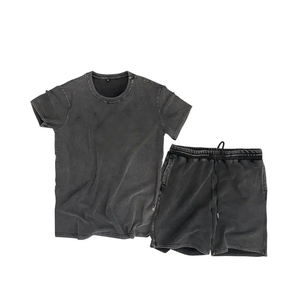 Ensemble T-shirt et short en coton 100% de qualité supérieure, 300 GSM, délavé à l'acide, avec logo personnalisé, pour l'été, prix de gros - Product Image 1